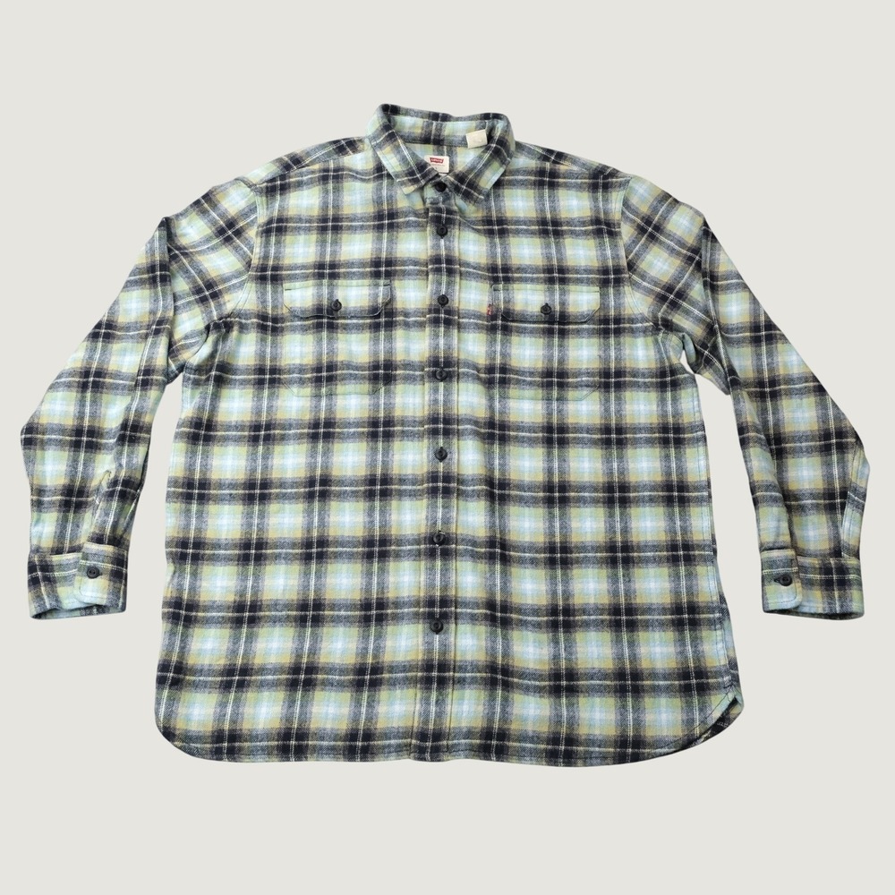 Levi's Flannel Shirt Relaxed Fit Large Green Black Plaid 100% Cotton Long Sleeve